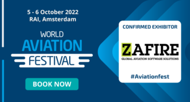 The World Aviation Festival event banner displaying the WAF logo along with Zafire's logo, the dates and venue of the show, and the show hashtag, #Aviationfest.