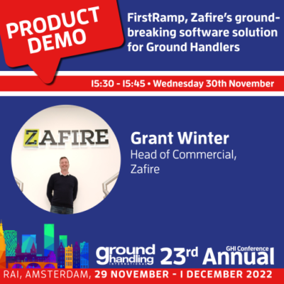 Official graphic advertising Zafire's product demo (#FirstRamp) at the 23rd Ground Handling International Annual Conference.